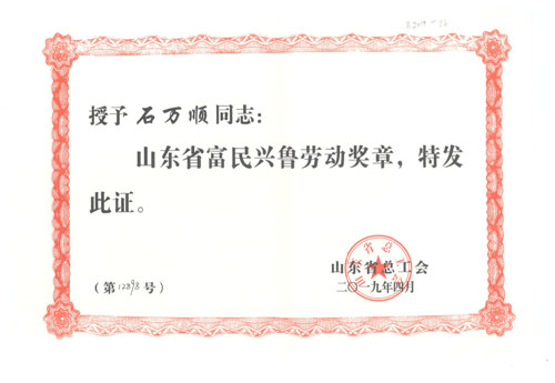 Provincial Labour Medal of Enriching People and Prospering Shandong (Shi Wanshu’s individual honor) 